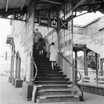 170738 Afbeelding van pictogrammen in de nieuwe huisstijl van N.S. boven de trap naar de voetgangersbrug van het ...